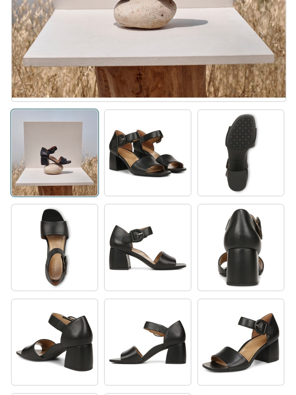 Vionic Black Leather Mid Block Heel Sandals with Buckle Strap